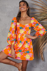 Youthful Floral Puff Sleeve Beach Vacation Mini Dress - Orange
